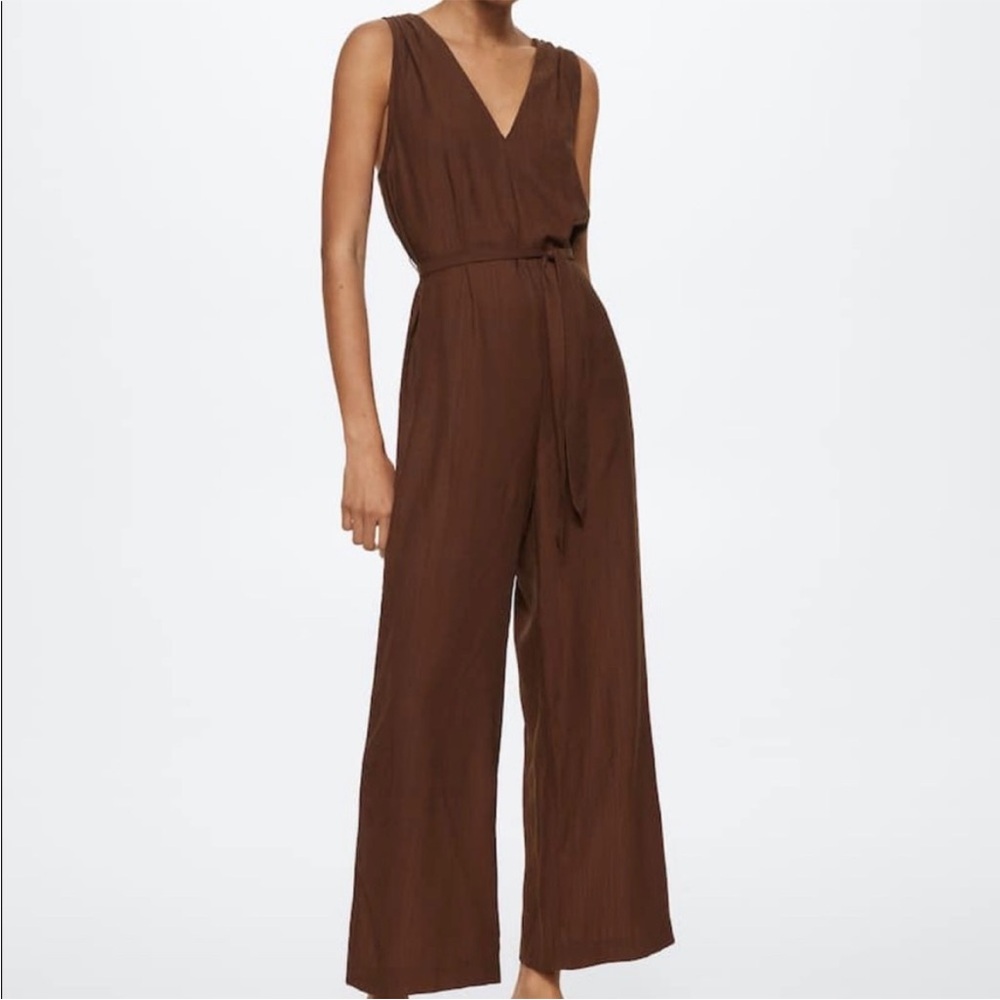 Mango Nora Brown Viscose Jumpsuit with Tie Medium